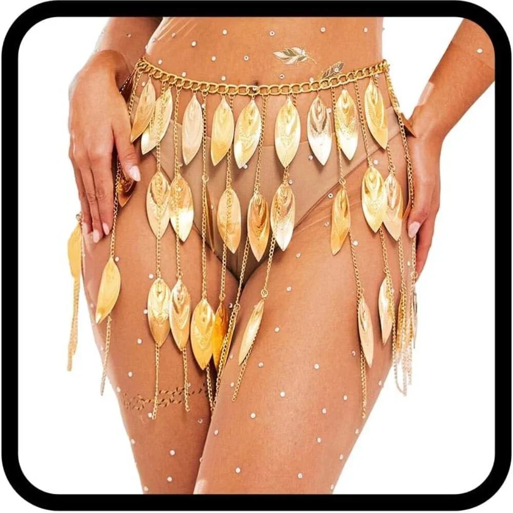 Women Gold Belly Dance Skirt Fringe Waist Chain Leaves Beach Bikini Accessory - Picture 1 of 7